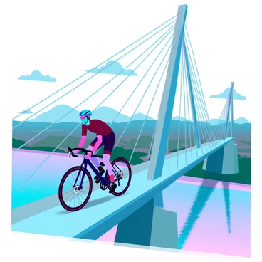 A cyclist with a sleek helmet and a fitted cycling outfit is riding a high-performance bicycle across a modern suspension bridge. The bridge features tall, slender towers and cable stays that stretch in an intricate pattern. In the background, there are panoramic views of a vast landscape, showcasing rolling hills, a shimmering body of water, and patches of greenery. The sky is clear with a few scattered clouds, creating a sense of openness and adventure. The cyclist is focused, with determination evident in their posture as they navigate the bridge.
