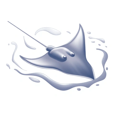 A stingray gliding gracefully through the water. The stingray has a flat, wide body with distinct wing-like fins extending outward. Its tail is long and slender, trailing behind it. The water around the stingray is filled with flowing lines and dynamic shapes that suggest movement and fluidity, creating a sense of depth and space. The overall composition captures the essence of the stingray in an imaginative and playful manner.