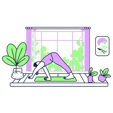 A yoga studio with soft lighting creates a calming atmosphere. The room features wooden floors and large windows that allow natural light to filter in. In the center of the studio, a person is performing a side plank on a green yoga mat. The individual is wearing comfortable athletic clothing, showcasing focus and balance. Surrounding them are a few potted plants that add a touch of greenery to the space. Wall art depicting nature themes hangs in the background, contributing to the tranquil environment.