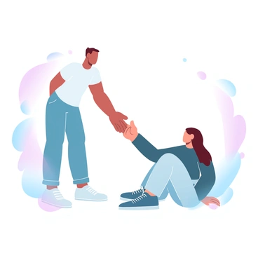 A person is extending their hand towards another individual who is seated on the ground. The first individual is wearing a casual outfit, consisting of a t-shirt and jeans, and has a supportive posture. The second individual is in casual attire as well, with their knees drawn up and one hand resting on the ground. Surrounding them are soft, gradient pastel-colored details that create a warm and inviting atmosphere. The gesture is one of kindness and support, emphasizing the act of helping.