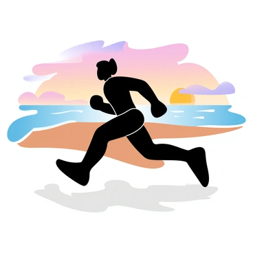 A silhouette of a runner is positioned on a sandy beach, with their arms pumping as they move forward. The runner's form is outlined against a vibrant sunset, where shades of orange, pink, and purple blend together in the sky. The sun is partially set on the horizon, casting golden reflections on the water. Gentle waves can be seen lapping at the shoreline, creating a serene atmosphere. The scene captures a sense of motion and the beauty of nature.