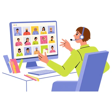 A woman with short brown hair is sitting at a desk, wearing a headset with a microphone. She is looking intently at a computer screen that displays a virtual event platform filled with enthusiastic attendees' video feeds. On the desk, there are neatly arranged notebooks and a cup of coffee. The woman is gesturing with her free hand, engaging with the audience, while her other hand is on the keyboard, managing the technology smoothly. A colorful backdrop is visible behind her, adding a lively atmosphere to the virtual event.