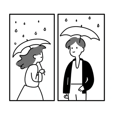 "Raindrops falling softly on a windowpane. The window has a clear frame with small droplets tracing patterns. Outside, a couple stands close together under a shared umbrella, their silhouettes slightly blurred. The woman's hair is long and flowing, while the man has short hair. They are looking into each other's eyes, conveying a sense of connection amidst the rainy backdrop."