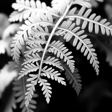 A close-up view of a fern leaf displaying its intricate details and patterns. The fronds are elongated and feathery, showcasing the delicate texture and the veins that run throughout. The image focuses on the lush greenery of the leaf, emphasizing the layers of smaller leaflets. The background features a soft, blurred effect that accentuates the sharpness of the fern. The lighting highlights the natural form and curves of the leaf, creating a dramatic contrast with the surrounding area.