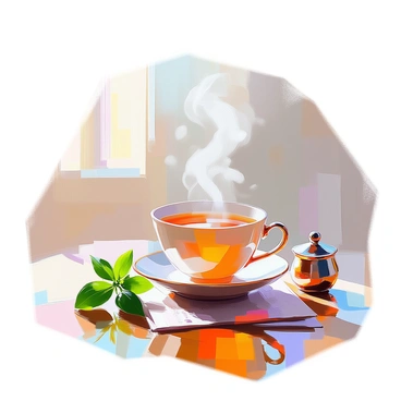 A calming tea setting featuring a delicate porcelain cup filled with steaming basil tea. The cup is placed on a wooden table, surrounded by small, elegant tea accessories. Beside the cup, there is a fresh sprig of vibrant green basil, its leaves glistening with moisture. A soft, natural light filters through a nearby window, casting gentle shadows, and a small, patterned napkin is neatly arranged beneath the cup. The composition evokes a sense of tranquility and warmth.