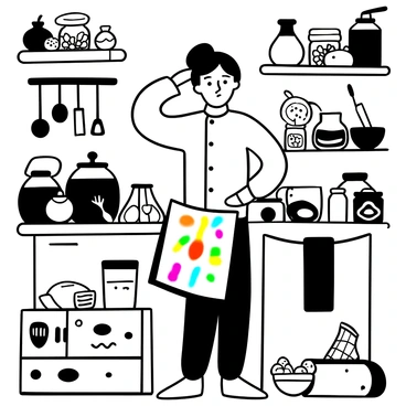 A chef wearing a traditional white uniform stands in a cluttered kitchen filled with unusual ingredients, such as exotic fruits, colorful spices, and jars filled with unidentifiable substances. The chef is surrounded by various kitchen utensils, pots, and pans scattered on the counter. A large recipe book is open in front of the chef, with multiple pages marked with colorful bookmarks. The chef's expression reflects confusion and uncertainty as they scratch their head, contemplating the best dish to prepare. Various ingredients are piled on the counter, creating a chaotic yet intriguing atmosphere.