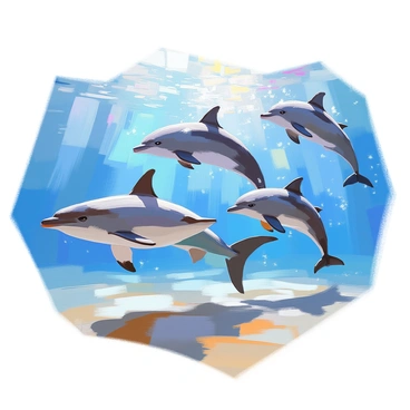 A tiger shark with distinctive dark stripes is swimming alongside a pod of dolphins. The scene captures the playful interaction as the shark and the dolphins swim effortlessly through the clear blue ocean water. The dolphins, showing their acrobatic skills, leap above the surface, splashing water droplets around them. The sunlight filters down through the water, creating shimmering patterns on the sandy ocean floor below. The shark appears curious, gliding gracefully while the dolphins swim in formation nearby, showcasing their sleek bodies and playful demeanor.