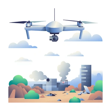 A high-tech drone with sleek, metallic surfaces and four propellers is flying overhead in a conflict zone. The drone has a camera mounted on its underside, facing downwards, capturing images of the ground. Below, the landscape features rugged terrain with scattered debris and damaged buildings, surrounded by smoke rising in the distance. There are patches of green vegetation interspersed with dirt and rubble. The sky above is partly cloudy, with low-hanging gray clouds, hinting at impending rain. The scene conveys a sense of urgency and activity, with the drone's rotors visibly in motion.