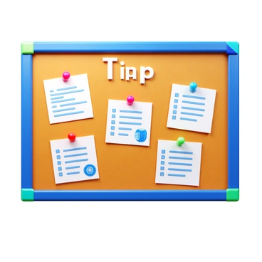 A bulletin board showcasing a "checklist of tuberculosis prevention tips." The board is made of cork with push pins holding various papers. Each tip is written in clear, bold lettering, easy to read. Some tips are accompanied by small icons, such as a handwashing symbol or a mask illustration. The background of the board is a warm, wooden texture, adding a homely touch. The edges of the board are adorned with colorful borders, enhancing the visibility of the checklist.