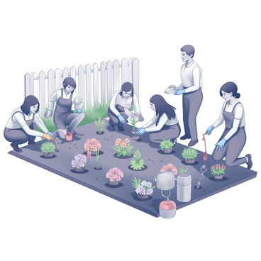 A group of diverse individuals engaged in planting activities within a community garden plot. Some members are kneeling in the soil, carefully positioning colorful flower seedlings into prepared spaces, while others are planting rows of vegetables, such as tomatoes and carrots. Each gardener is wearing gardening gloves and using trowels or small shovels. Nearby, there are gardening tools laid out, such as watering cans and bags of soil amendments. In the background, a wooden fence encloses the garden, with a variety of green plants growing alongside the plot. The scene captures a sense of collaboration and community spirit among the members.