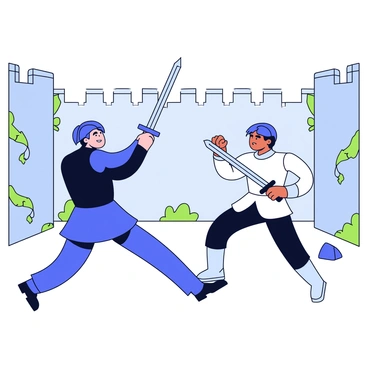 Two skilled swordsmen are engaged in a duel in a castle courtyard. One swordsman wears a suit of dark armor, with a fierce expression on his face and holds a gleaming sword raised high. The other swordsman, dressed in light armor, stands in a defensive stance with a focused look, ready to counter the attack. The courtyard is surrounded by tall stone walls, and there are green vines creeping along the edges. A few scattered stones are seen on the ground, hinting at previous battles. The sky above is clear, adding to the intensity of the moment.