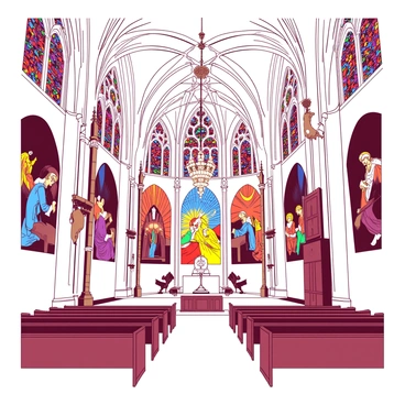 An interior view of a grand cathedral with colorful murals depicting scenes from a steadfast sermon
