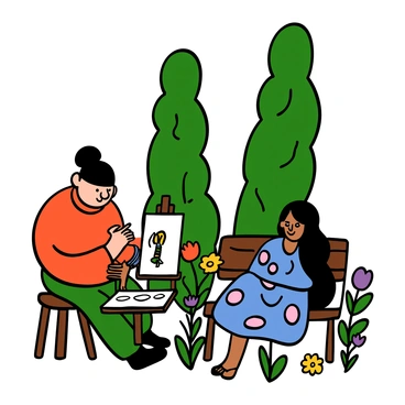 An artist sketching a portrait of a beautiful woman sitting gracefully in a garden.