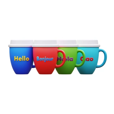 A series of coffee cups arranged in a row. Each cup is uniquely designed and features "greetings" printed in different languages, such as "Hello," "Bonjour," "Hola," and "Ciao." The cups vary in color, including vibrant shades of blue, red, and green. Each cup has a glossy finish that reflects light, enhancing the visual appeal. The arrangement is on a simple white background to emphasize the colorful designs of the cups.