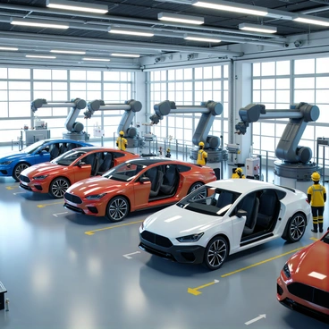 A modern factory assembly line with bright overhead lights illuminating the workspace. Robotic arms with sleek metallic designs are actively assembling cars, each arm performing precise movements. The assembly line features several partially assembled vehicles, showcasing various stages of the production process. Workers in safety gear oversee the operation, monitoring the machinery and checking quality. Large windows in the background allow natural light to stream in, enhancing the industrial atmosphere. The factory floor is clean and organized, with tools and parts neatly arranged for efficient workflow.