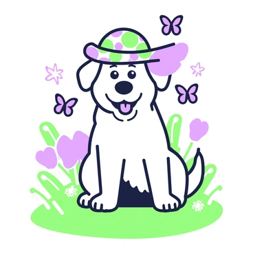 A dog with a fluffy coat is sitting on a grassy patch, wearing a comical hat that is oversized and decorated with colorful patterns. The dog has a playful expression on its face, with its tongue out, and its eyes are wide and bright, conveying a sense of amusement. Around the dog, there are small, playful butterflies fluttering about, adding to the lively scene. In the background, there are hints of trees and flowers, providing a cheerful atmosphere.
