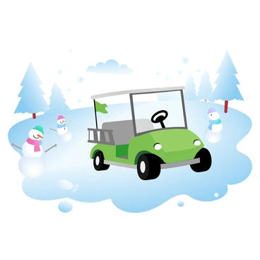 A golf cart is driving on a snowy golf course, leaving tracks in the fresh white snow. The cart is bright green and has a small flag waving from the back. In the background, there are several snowmen of various sizes dotting the course, with some wearing colorful scarves and hats. Trees in the distance are covered with snow, creating a tranquil winter scene. Fluffy snowflakes are gently falling from the sky, adding to the wintry atmosphere.