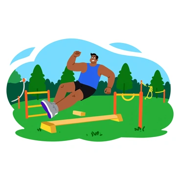 A person performing calisthenics on an outdoor parcours course. The individual is wearing a bright blue tank top and black shorts, showcasing their athletic build. They are in mid-air, leaping over a low wooden barrier while maintaining a determined expression. Surrounding them are various obstacles, including horizontal bars, balance beams, and climbing ropes, all set against a backdrop of green trees and a clear blue sky. The ground is covered with soft grass, providing a safe landing area.