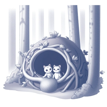A cozy natural shelter made of branches and leaves, home to a family of magical creatures in the forest.