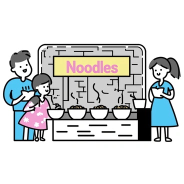 A noodle stall, made of wooden panels, is positioned in the foreground. Several bowls of noodles are steaming, with wisps of steam rising into the air. The stall has a red and yellow sign displaying the word "Noodles" in bold characters. Surrounding the stall are people, including a man wearing a blue shirt and a woman wearing a floral dress, both enjoying their bowls of noodles. In the background, the traditional architecture of Beijing's hutongs is visible, featuring grey brick walls and wooden doors, capturing the essence of the vibrant street scene.