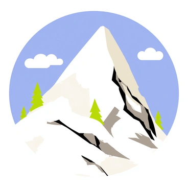 A tall, snow-covered mountain peak rises majestically with a smooth, white surface glistening under the sun. The sky above is clear and bright blue, with a few fluffy white clouds drifting gently. The mountain is surrounded by rugged terrain, with rocky slopes and patches of evergreen trees peeking through the snow. The sunlight casts soft shadows on the snow, highlighting the mountain's contours and creating a picturesque winter scene.