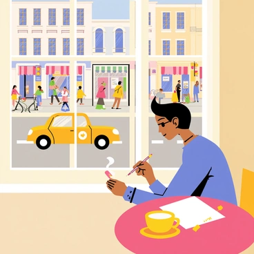An artist sitting at a round wooden table inside a cozy cafe. The cafe has a large window offering a view of a bustling city street. The artist is holding a pencil and sketching on a white sheet of paper. Outside the window, people are walking briskly along the sidewalk, carrying shopping bags and chatting. Colorful storefronts line the street, with signs hanging above each entrance. A yellow taxi cab is stopped at a traffic light, and a bicycle is parked nearby. In the foreground, a steaming cup of coffee sits on the table next to the artist.