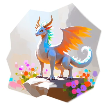 A mythical creature with an intricate design featuring vibrant feathers in shades of blue and green, shimmering scales that reflect light in hues of gold and silver, and majestic horns that curve elegantly from its head. The creature stands on four powerful legs, each adorned with talon-like claws. Its wings are expansive and feathered, displaying intricate patterns that resemble those of a peacock. The creature has piercing eyes that convey intelligence and mystery. It is positioned amidst a lush, fantastical landscape filled with colorful flora, enhancing its otherworldly presence.