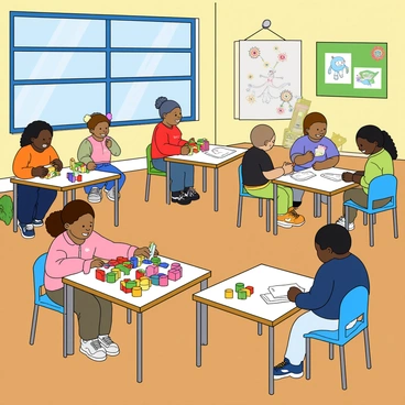 A vibrant classroom filled with children engaged in various activities. Several small tables are scattered throughout the room, each occupied by children of diverse backgrounds. Some children are playing with brightly colored toys, including building blocks and plush animals. Other children are seated at tables, drawing with crayons on large pieces of paper that showcase their artistic creations. The walls of the classroom are adorned with educational posters and artwork made by the students, adding to the lively atmosphere. Sunlight streams in through large windows, illuminating the playful scene.