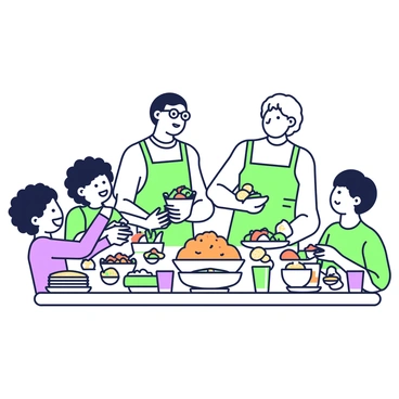 A family dinner table is set with an array of cultural dishes. In the center, there is a large platter of rice surrounded by various bowls of curry, stir-fried vegetables, and fresh salads. On one side of the table, there is a stack of tortillas with a bowl of salsa next to it. Various drinks are placed in colorful glasses. 

Seated around the table are diverse family members. A child with curly hair is reaching for a bowl, while an older relative with glasses is sharing a story. Another family member is serving food to a guest, who is smiling. The atmosphere is lively, with laughter and conversation filling the air. Each family member is engaged, creating a warm and inviting scene.