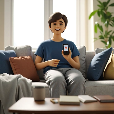 A person with light skin and short brown hair is sitting comfortably on a modern couch. They are wearing a casual blue t-shirt and gray sweatpants. In one hand, they hold a small home heart monitoring device, which has a digital display showing heart rate information. The other hand rests on their thigh. The couch has decorative cushions, and there is a soft throw blanket draped over one side. A coffee table in front of the couch holds a mug and a book. Natural light is streaming in from a nearby window, creating a warm atmosphere.