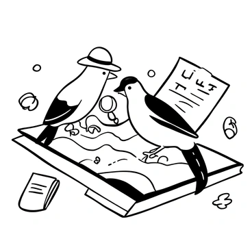 A cockatiel wearing a "detective hat" is perched on a wooden table. The cockatiel is focused on a large "map" spread out in front of it. The map features various marked locations and lines. The bird is holding a "magnifying glass" with one claw, inspecting a specific area of the map closely. The scene is surrounded by scattered "clue" notes and a small, open notebook filled with sketches.