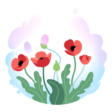 A field of poppies in various stages of bloom spreads across the image. Some poppies are fully open, displaying their bright red petals, while others are still in bud form, showing shades of green. The background is filled with soft, gradient pastel colors that blend into a serene sky. The leaves of the poppy plants are lush and green, complementing the vibrant flowers. Gentle light illuminates the scene, enhancing the delicate beauty of the blossoms.