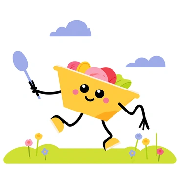 A cartoon-style illustration of a cheerful dish with a shiny surface, featuring a colorful assortment of food. The dish has a broad, smiling face and arms, and is running hand in hand with a whimsical spoon that has a playful expression. They are surrounded by bright green grass and small wildflowers in various colors scattered throughout the meadow. The sky is blue with fluffy white clouds, enhancing the joyful atmosphere of the scene.
