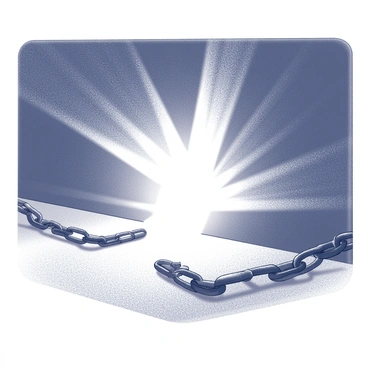 A pair of chains resting on a surface, with one end of each chain still connected while the other end is breaking apart. The links of the chains are detailed, showing the texture of the metal. A radiant light is emerging from the point of separation, creating a striking contrast against the dark background. The light appears to be forceful and dynamic, illuminating the area around it and casting shadows on the surface.
