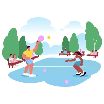 A sunny outdoor pickleball court is surrounded by tall, green trees and a clear blue sky. Two players are in the midst of an active match, one wearing a bright yellow shirt and the other in a blue tank top. The player in yellow is poised to serve with a paddle raised high, while the blue player is positioned ready to receive the ball. The court is marked with white lines, and pickleball paddles and a ball are visible on the ground near the players. Spectators are seated on benches along the side, watching the game intently.