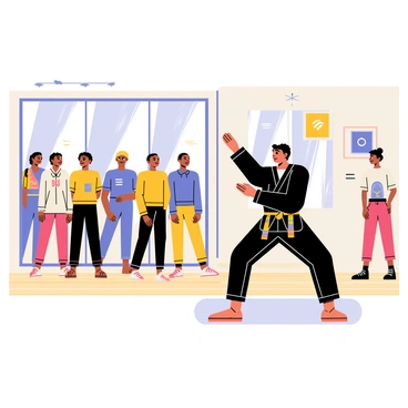 A trainer demonstrating martial arts moves that seamlessly blend with dance steps in a modern studio. The trainer is wearing a fitted black outfit with colorful accents, showcasing fluid movements. The studio has large mirrors reflecting the actions, and wooden floors that enhance the lively atmosphere. Windows allow natural light to stream in, illuminating the space. A diverse group of students, dressed in comfortable workout clothes, is following the trainer closely, engaged and energetic. Wall decorations include motivational quotes and images related to dance and martial arts.