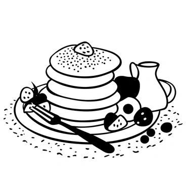 A stack of Dutch pancakes piled high on a white plate, with a dusting of powdered sugar on top. Surrounding the pancakes are various fresh fruits, including sliced strawberries, blueberries, and banana slices. A small jug of syrup is placed beside the plate, and a fork rests casually next to the pancakes. The table surface has a textured cloth pattern, adding depth to the scene.