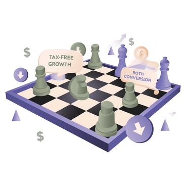A digital flat illustration of a chessboard set up with various chess pieces. The chessboard has alternating black and white squares. On the board, there are two distinct pieces prominently labeled: one piece is labeled "Tax-Free Growth" and is designed as a king piece, while another piece is labeled "Roth Conversion" and is designed as a queen piece. The pieces are brightly colored, with the king piece in green and the queen piece in blue. Surrounding the chessboard are various financial symbols, such as dollar signs and upward arrows, representing growth and investment strategies.