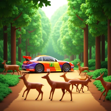 A rally car in bright colors is slowing down on a dirt track. The car has distinctive sponsor logos and its wheels are partially raised off the ground, indicating its sudden deceleration. In front of the car, a herd of deer is crossing the track. The deer vary in size, with some standing still while others are mid-motion, leaping gracefully. The scene takes place in a dense forest with tall trees and foliage surrounding the track, creating a vibrant green backdrop. Sunlight filters through the branches, casting dappled light on the scene.