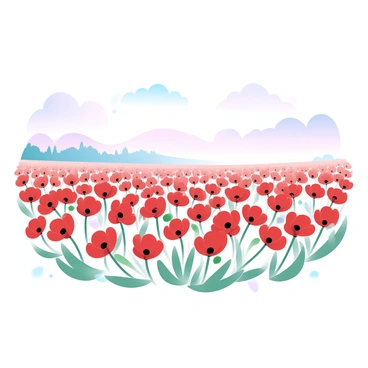 A vast field filled with "blooming poppies" extends towards the horizon, showcasing vibrant red petals. The flowers are swaying gently in the "breeze," creating a wave-like movement. The green stems of the poppies provide a stark contrast against the bright colors of the blooms. In the background, a soft gradient of pastel colors fills the sky, suggesting a serene atmosphere at dawn or dusk. A distant line of trees provides depth to the field, softly blending into the horizon.