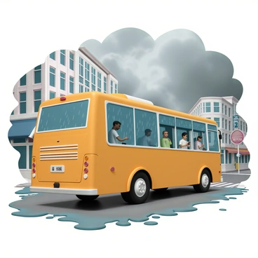 A city bus, painted in bright yellow, is driving down a busy street filled with tall buildings and storefronts. The sky is overcast, with dark gray clouds looming overhead, indicating a rainy day. Raindrops are visible splattering on the large windows of the bus, creating a blurred effect of the cityscape outside. Puddles form on the pavement below, reflecting the bus and the surrounding environment. Inside the bus, a few passengers can be seen, some looking out the windows while others are absorbed in their phones.