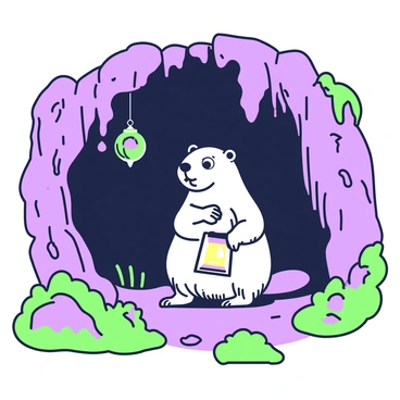 A groundhog is cautiously exploring a dark cave. The groundhog is standing on its hind legs, holding a small lantern in its front paws, casting a warm glow around it. The cave walls are rugged and uneven, with various stalactites hanging from the ceiling. Lush moss is growing on the rocks, and faint shadows of shapes can be seen in the corners. The groundhog's fur has distinct textures, and its eyes are wide with curiosity as it gazes into the depths of the cave.