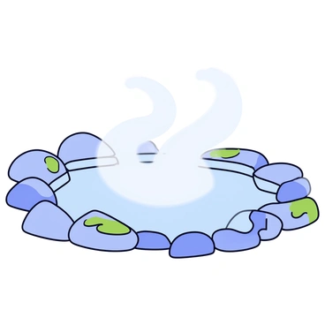 A figure is partially visible emerging from a swirl of steam in a misty hot spring. The figure has an ambiguous outline and is surrounded by smooth, natural rocks that create a rugged border around the water. The steam rises gently, creating a soft, hazy atmosphere above the hot spring. The rocks vary in size and shape, some covered with patches of green moss. The water reflects the surrounding fog, enhancing the tranquil scene.