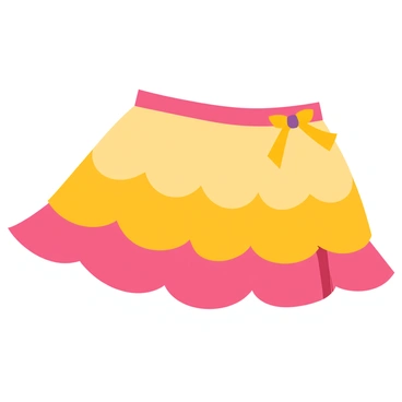 A fun and playful skirt design featuring multiple layers of ruffles. The skirt has a vibrant color palette, with alternating layers of bright pink and sunny yellow. Each ruffle has a slightly different length, creating a bouncy and dynamic appearance. The waistband is adorned with a cheerful bow that complements the colors of the skirt. The fabric has a slight sheen, adding a touch of whimsy to the overall look.
