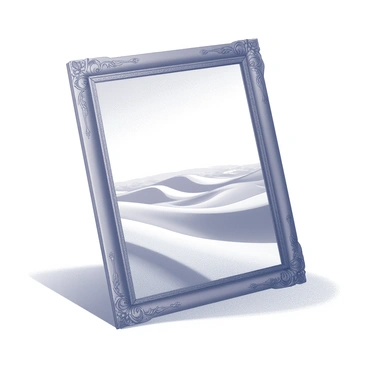 A picture frame positioned upright on the ground in the center of a vast desert landscape. The frame is ornately designed with intricate carvings along its edges. Within the frame, the scene displays an endless sandy vista, characterized by gentle dunes rolling into the horizon. The texture of the sand is visible, with subtle ripples created by the wind. The sky above is expansive and clear, enhancing the feeling of openness surrounding the frame. Empty space surrounds the frame, emphasizing its solitary presence in the desert.