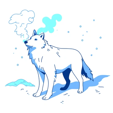 A white wolf stands in a snowy landscape, exhaling into the cold air. The wolf's breath forms a visible mist that crystallizes in the frosty atmosphere. Snowflakes gently fall around the wolf, adding to the wintery scene. The wolf is looking forward, its fur slightly ruffled by a gentle breeze, and its sharp gaze reflects the beauty of the snowy surroundings.