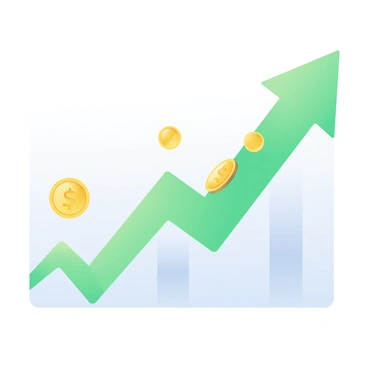 A line chart is prominently displayed in the center, showing a rising trajectory that symbolizes investment growth. The line is bold and colored green, demonstrating a clear upward trend. At the end of the line, an arrow points upwards, indicating continued growth. Scattered along the line are shiny gold coins, symbolizing investments, with some coins positioned at key points on the chart to represent milestones in growth. The background is a soft gradient transitioning from light blue at the top to white at the bottom, providing a clean and professional appearance.