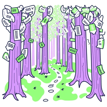 A dense forest filled with tall trees. The trunks of the trees are thick and textured, with bark that shows deep grooves. The leaves of the trees are made from various receipts, displaying a range of printed text and numbers. Some receipts are crinkled, while others hang straight down. Sunlight filters through the canopy, casting intricate shadows on the forest floor. Underneath the trees, a carpet of soft moss is visible, interspersed with small stones. A narrow path winds its way through the trees, inviting exploration.