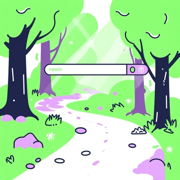 A winding forest path is surrounded by tall, dense trees with thick trunks and lush green leaves. Sunlight filters through the branches, creating dappled patterns on the ground. In the center of the scene, there is a prominent search bar that appears to be guiding the way. The search bar is elongated and has a sleek design, with a blinking cursor indicating it is ready for input. Alongside the path, scattered pebbles and small plants add texture to the scene. Small beams of light peek through the foliage, highlighting the natural beauty of the forest.