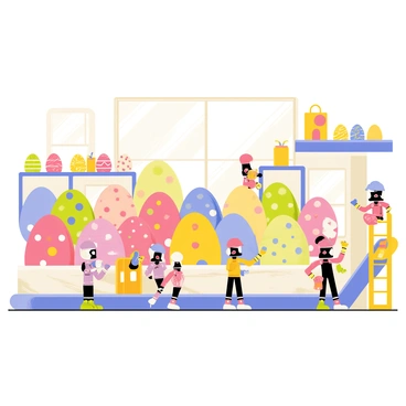 A whimsical factory with bright colors and playful designs. The factory has large windows through which sunlight streams in, illuminating the scene. Tiny robots, each with distinctive features like oversized eyes and colorful bodies, are actively painting a variety of eggs. Some eggs are polka-dotted, while others have intricate patterns. The background includes shelves filled with painted eggs of different sizes and a conveyor belt moving unpainted eggs towards the robots. A cheerful atmosphere is created by the playful interactions of the robots as they work together, each holding a paintbrush or spray can.